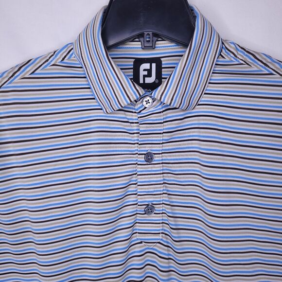 Footjoy Polo Shirt Mens Medium Striped Blue, White, Brown Golf - Picture 1 of 11